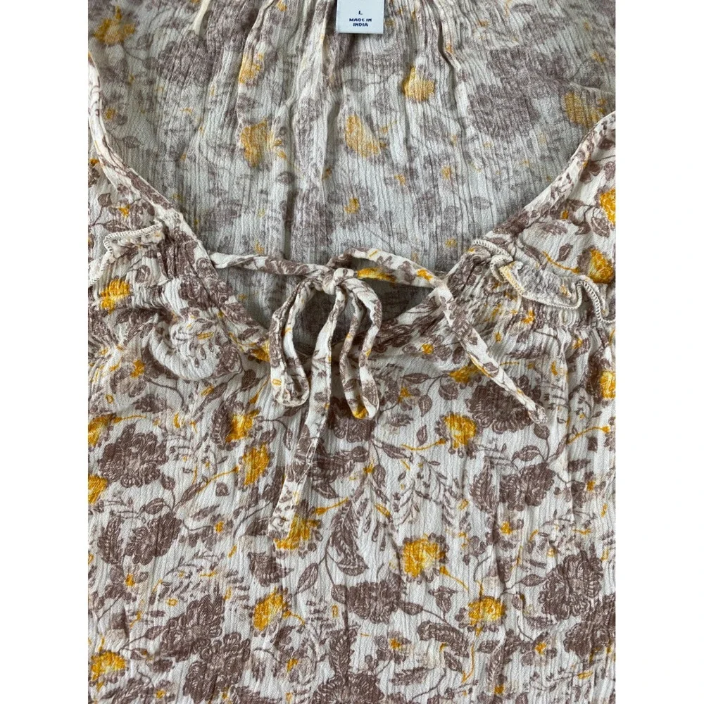 Old Navy Girls Large Floral Gauze Flutter Sleeve Tie Neck Boho Top‎ Cream Brown